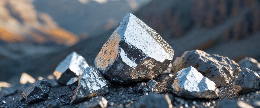 Metallic silver magnetite stone in mountainside with close up background
