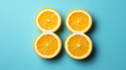 Fototapeta premium Taste mix. Top view of lemon and orange fruit in shape of number 8 over blue background. Greeting card, postcard for Women's Day March 8th. Concept of holidays, greetings. Copy space for design, ad.