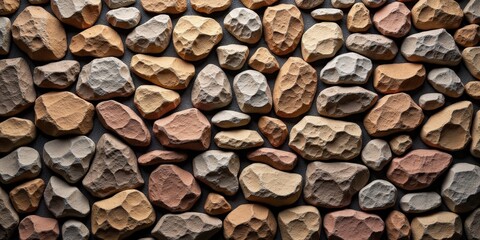 A meticulously arranged stone wall features an array of small, iridescent rocks in varied shapes and hues, creating a harmonious yet eclectic mosaic. Each rock's unique size adds texture to the symmet