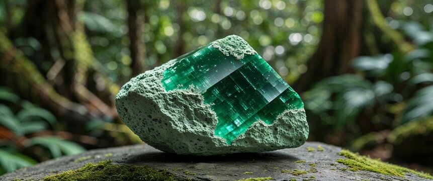 Mossy green chlorite stone in jungle with close up background