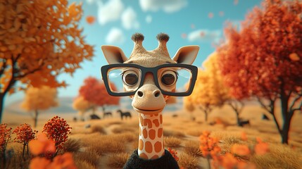 A Friendly Giraffe Wearing Glasses In Autumn