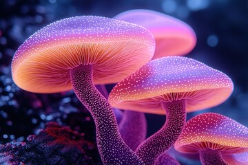 Fototapeta premium Vibrant mushrooms with glowing caps in a mystical forest setting.