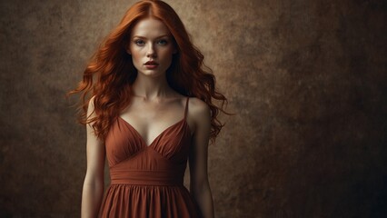 Fototapeta premium Woman in mocha mousse-colored dress against a dark background