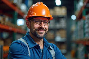 Portrait of a Smiling Male Warehouse Worker Wearing an Orange Hard Hat and Glasses in a Well-Organized Industrial Storage Facility