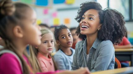 Obraz premium Blurred classroom filled with engaged children and a teacher, depicting a lively and interactive educational atmosphere