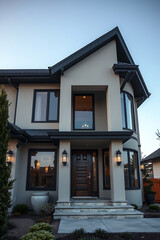 Modern House Exterior: Contemporary Home Design and Architecture. Luxury Real Estate Property with Elegant Facade and Stylish Entrance. View of a beautiful home at night.