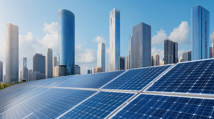 Modern skyscrapers with solar panels reflecting sunlight in urban landscape