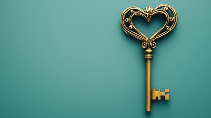 A vintage golden key with an ornate heart-shaped bow is displayed against a minimal teal background.