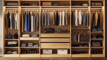 Spacious modern closet organization with neatly arranged clothes and accessories in a stylish wooden design