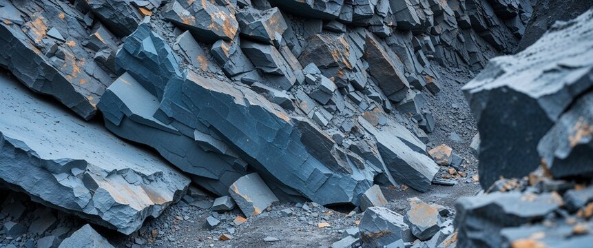 Muted slate blue hornfels stone in quarry face with close up background