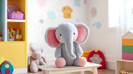 A plush stuffed elephant sitting on bench in a bright playroom