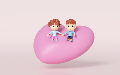 Girl and boy sitting on a big heart shaped pillow isolated on pink background. Happy valentine's day concept, 3d illustration render