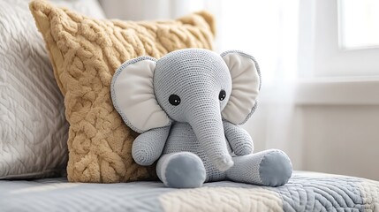 A soft cuddly elephant with button eyes resting on a throw pillow