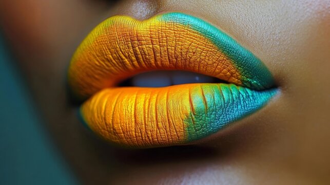 Vibrant orange and teal lip art crafted for a creative makeup showcase in a contemporary studio setting