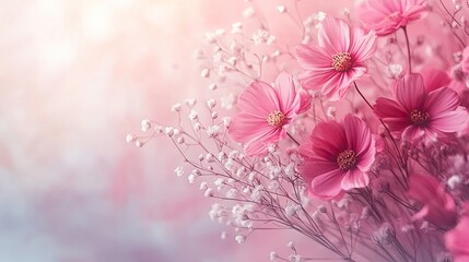 A bouquet of pink cosmos and baby's breath appears against a soft, pastel, watercolor background. 