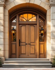 Magnificent entryway with robust wooden doors and glowing lanterns in a refined stone setting