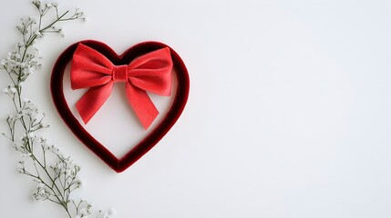 Red Heart Decorative Bow with Flowers on Soft White Background