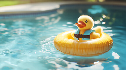 A soft stuffed duck with little life vest floating on pool float in a sunny backyard pool