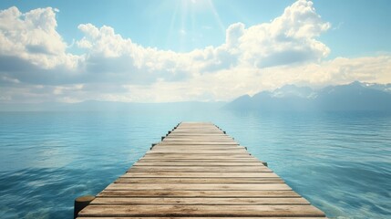 Obraz premium Expansive wooden pier stretches into serene blue waters under a cloudy sky at midday