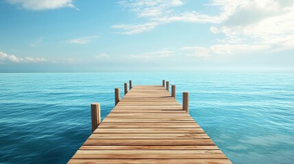 Obraz premium Wooden pier extending into calm ocean waters under a clear blue sky with soft clouds in daylight