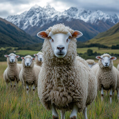 Fototapeta premium A close-up of a woolly sheep standing in a lush green pasture with a stunning mountain range in the background. The flock grazes peacefully under a cloudy sky. 