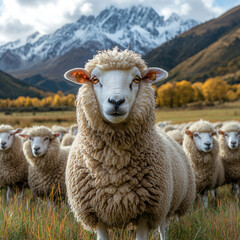 Fototapeta premium A fluffy sheep leads its herd in an open field with golden autumn trees and towering mountains in the background. A perfect pastoral and seasonal landscape. 