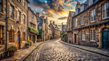 Obraz premium Winding cobblestone street with old buildings and historic architecture, historic city