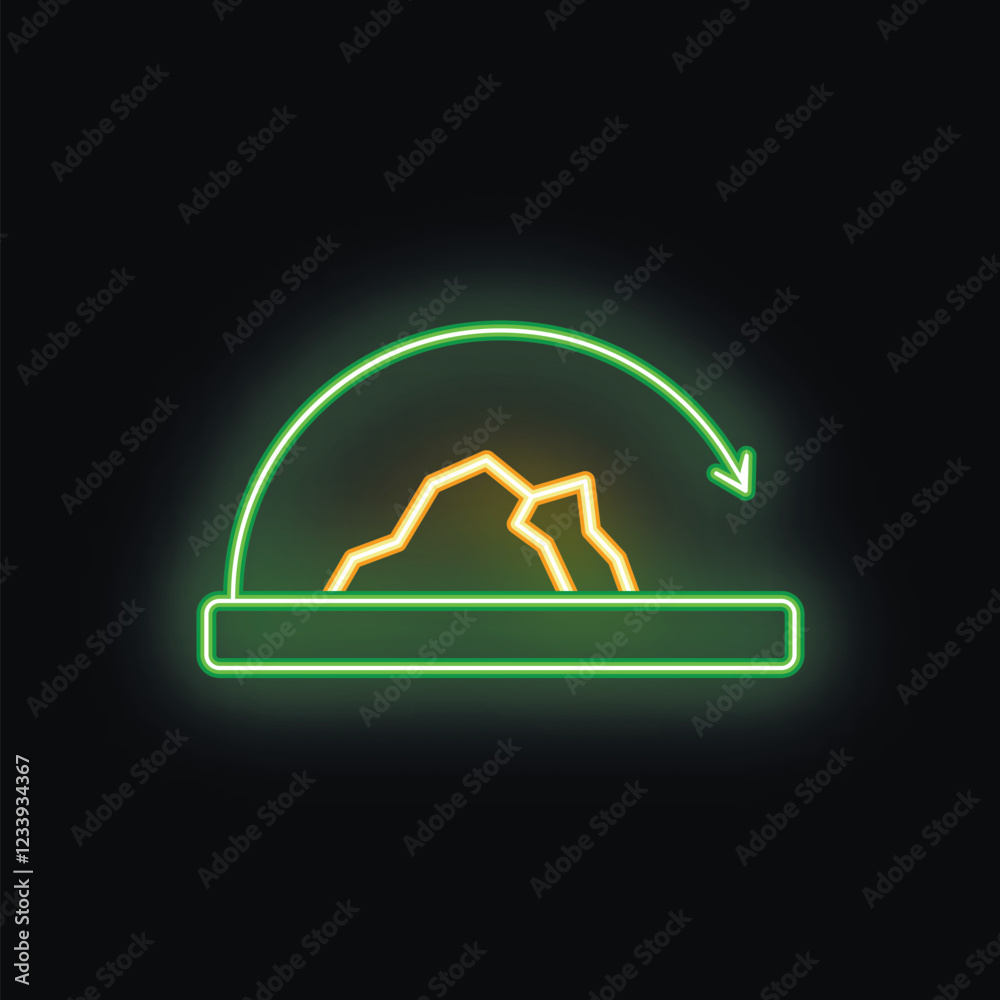 Poster neon icon of a repeatable process represented by a mountain under a rotating arrow over a platform