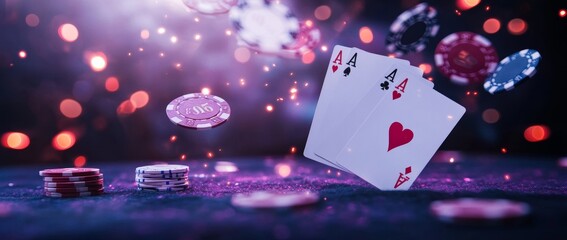 Vibrant 3D playing cards and glowing casino chips create an exciting atmosphere for online gambling concepts