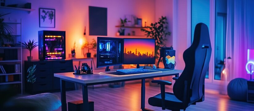 Cozy home gaming room setup with neon lights.