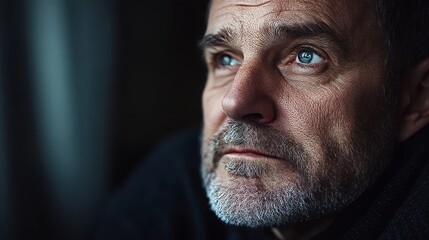 Obraz premium Contemplative elderly man gazing out the window in a dimly lit room during late afternoon