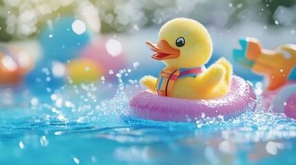 A stuffed duck in a tiny life vest happily splashing in the sparkling pool surrounded by pool toys