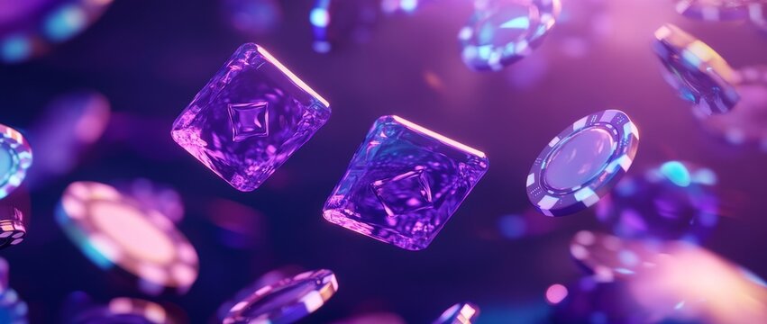 3D playing cards and glowing casino chips create a vibrant atmosphere for online gambling and game design in purple hues