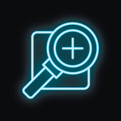 Fototapeta premium Neon magnifying glass zooming in on a document icon on a black background