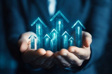 Financial growth chart showing investment arrows on laptop screen held