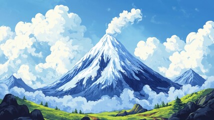 Naklejka premium Majestic mountain peak with snow and clouds under a bright blue sky in a serene landscape