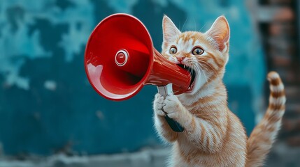 Fototapeta premium Curious orange kitten holds a red megaphone in a playful outdoor setting while looking inquisitively at its surroundings