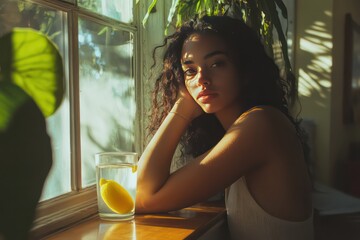 A young woman leaning against a windowsill, her glass of lemon water catching the morning light in her serene home setting.