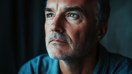 Fototapeta premium Reflective moment of a mature man in a dimly lit indoor space
