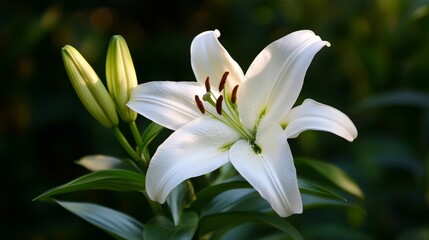 Beautiful white lily blooms in a garden during the late afternoon sunlight in spring season