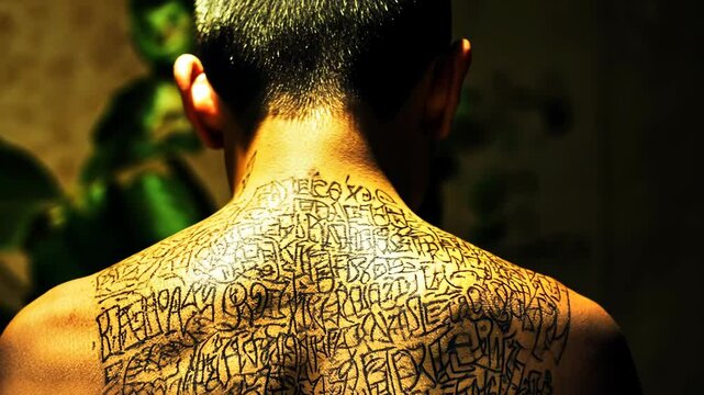 Intricate tattoo art displaying unique script on the back of a person in a dimly lit indoor setting