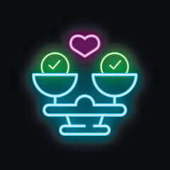 Neon icon representing balance between love and agreement, illustrating the concept of healthy relationship