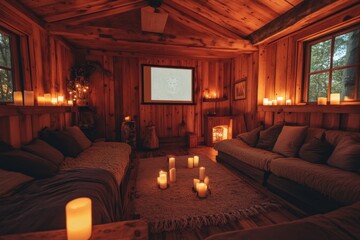 Cozy night gathering with candles in a rustic cabin living room warm atmosphere peaceful retreat inviting decor intimate setting