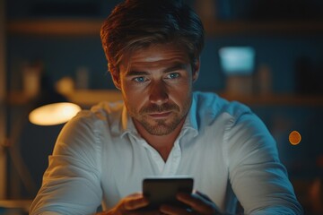 Professional Caucasian male man using smartphone to review customer data
