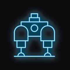 Blue neon sign of a spaceship taking off from a lunar base on a black background