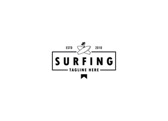 Surfing logo template. Vintage emblem with surfboards for surf club or t shirt print.