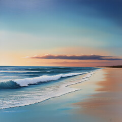 Fototapeta premium Coastal Serenity: Painting of the Sea and Beach at Sunset - A tranquil beach scene. Captures the soothing essence of the coast with a soft palette of blues, and hints of orange and pink.