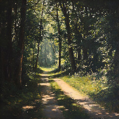 Obraz premium Sun-Dappled Path: Journey through the heart of a serene forest, sunlight filtering through the leaves to illuminate a path. A tranquil escape, evoking peace and connection with nature.