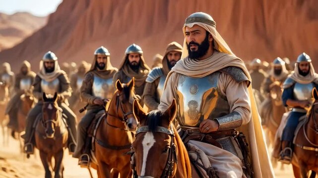 The legendary hero Saladin ibn Ayyub - Salah ad-Din Yusuf ibn Ayyub - leading his elite army through the desert, with grace and determination