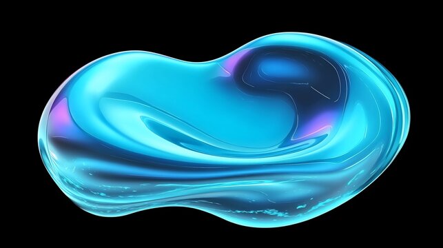 Abstract blob of blue liquid with iridescent highlights on a black background